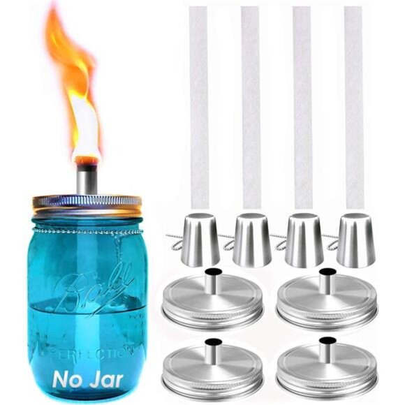 Mason Jar Tabletop Torch Kits,4 Pack Longlife Fiberglass Wicks,Stainless Steel - Picture 1 of 8